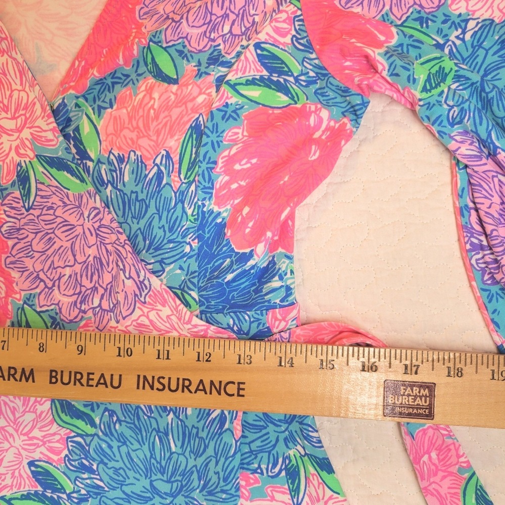 Lilly Pulitzer Wrap Dress Womens S Pink Blue Floral Long Sleeve Faux Wrap Jersey - Picture 13 of 16